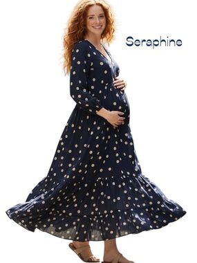 Seraphine Navy Cream Polka Dots Ruffled Maxi Maternity Dress NWOT Size 6
